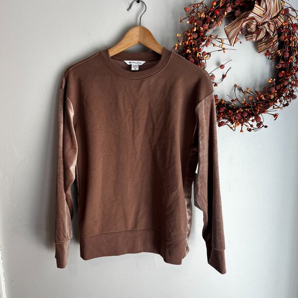 Athleta Retroplush Velvet Crewneck Sweatshirt Snap Sides Oversized Fit XS Brown - Picture 1 of 13